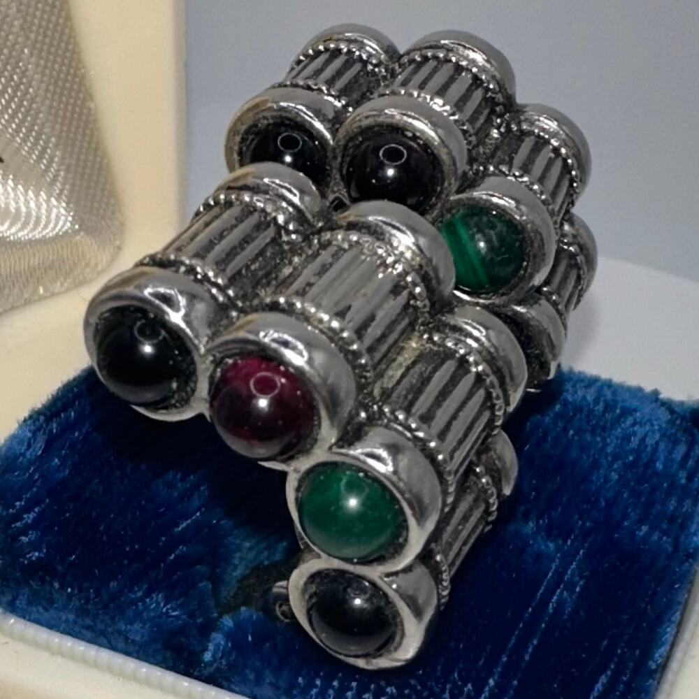 Vintage silver tone genuine semiprecious multicolor cabochons clip on earrings